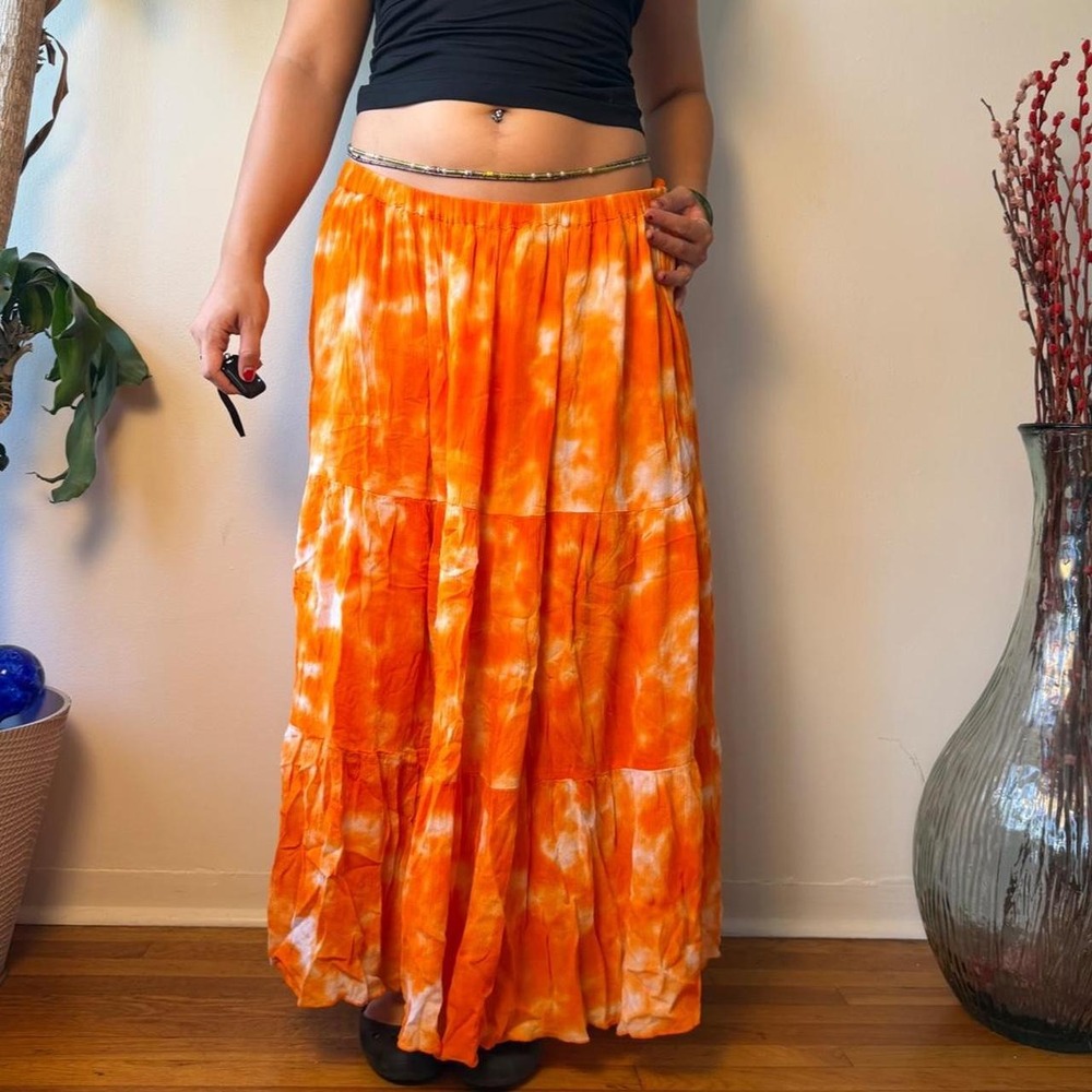 Roamans Orange Tie Dye Tiered Maxi Skirt Boho Plus Size 26W 4X